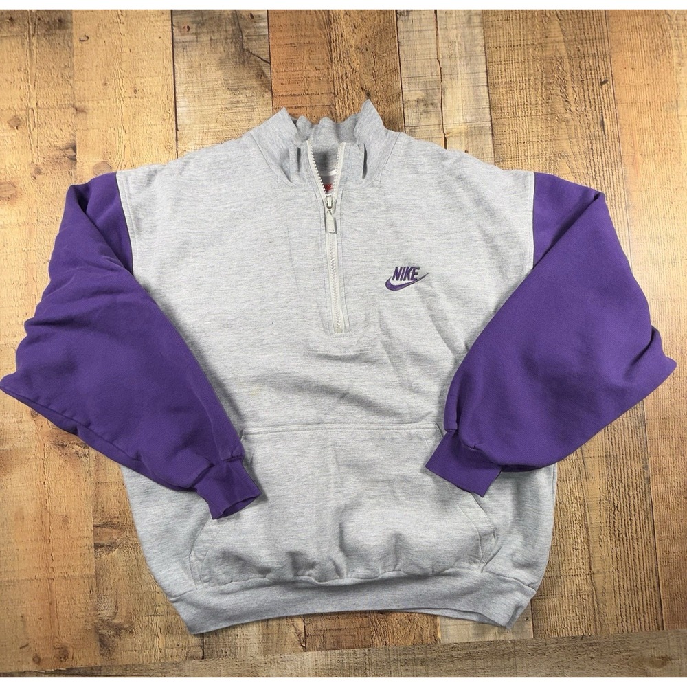 Vintage Nike Gray Purple Swoosh 1/4 Zip Sweatshirt Pullover 90s Y2K Small